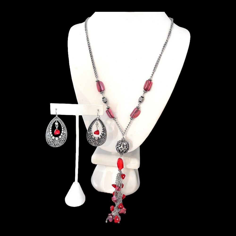 New Antique Silver Tone Statement Necklace Earrings Set Shell Coral Tassel - 12O